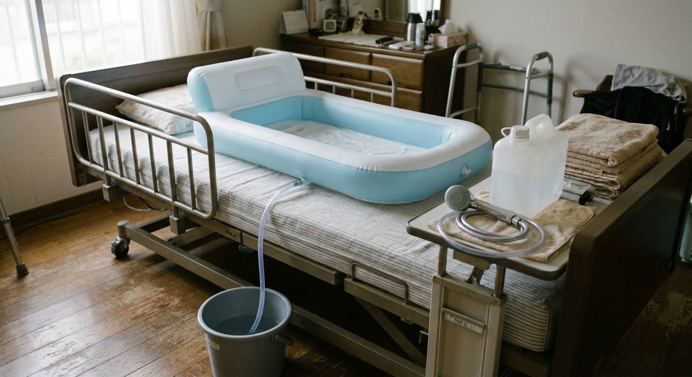 An empty inflatable bed bathing basin with a raised headrest laid on a home care bed, its drain hose running into a bucket, with a water container, hand shower and folded towels on a bedside table.