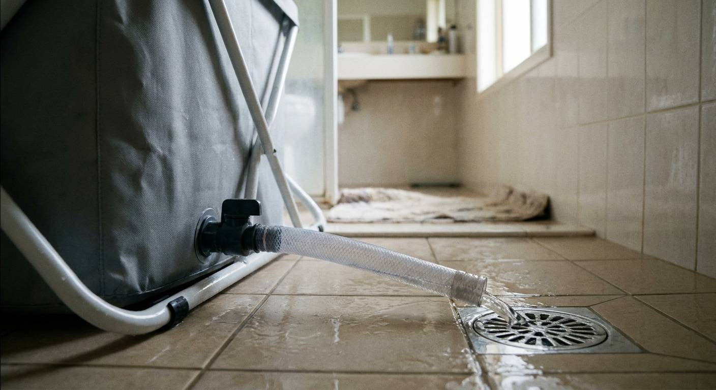 The drain valve at the base of a grey collapsible bathtub on a tiled shower floor, with a clear hose carrying water from the valve into a stainless steel floor drain.