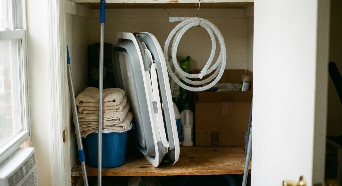 A collapsible portable bathtub folded flat and standing on its edge in a hallway closet, next to towels, a mop and a coiled drain hose on a hook.