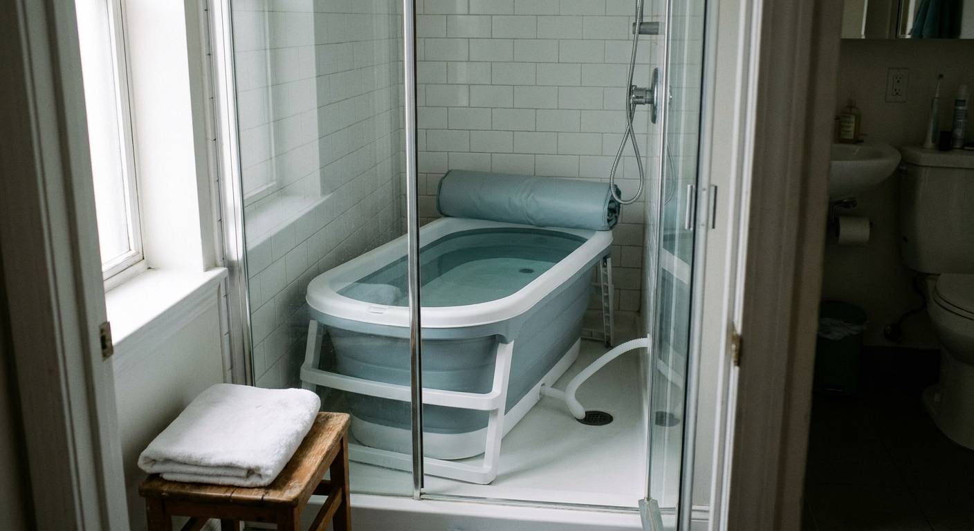 A collapsible portable bathtub with grey-blue walls on a white folding frame, filled with water inside the walk-in shower of a small tiled bathroom, its drain hose running to the shower drain and a rolled padded lid at one end.