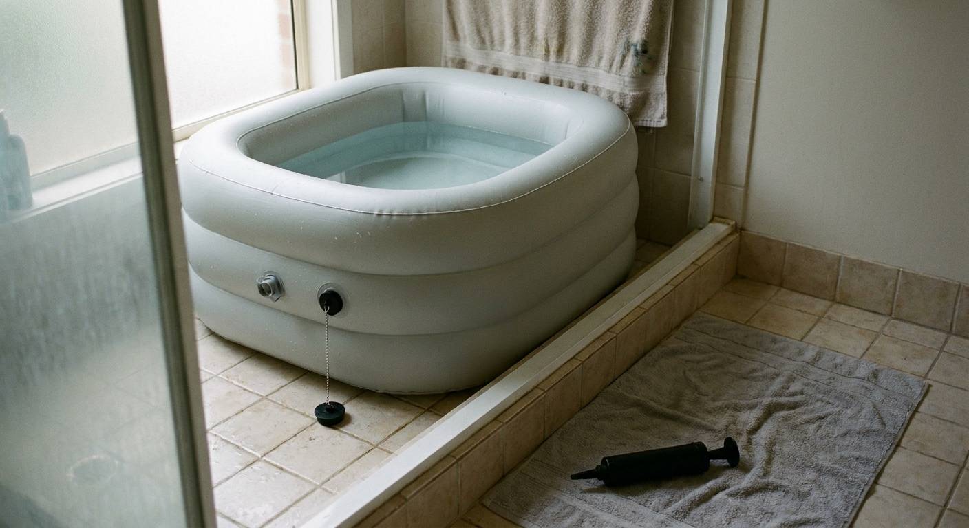 A pale grey inflatable bathtub with ribbed air chambers, half full of water in a tiled shower, with a drain plug on its side and a hand pump on a bath mat outside.