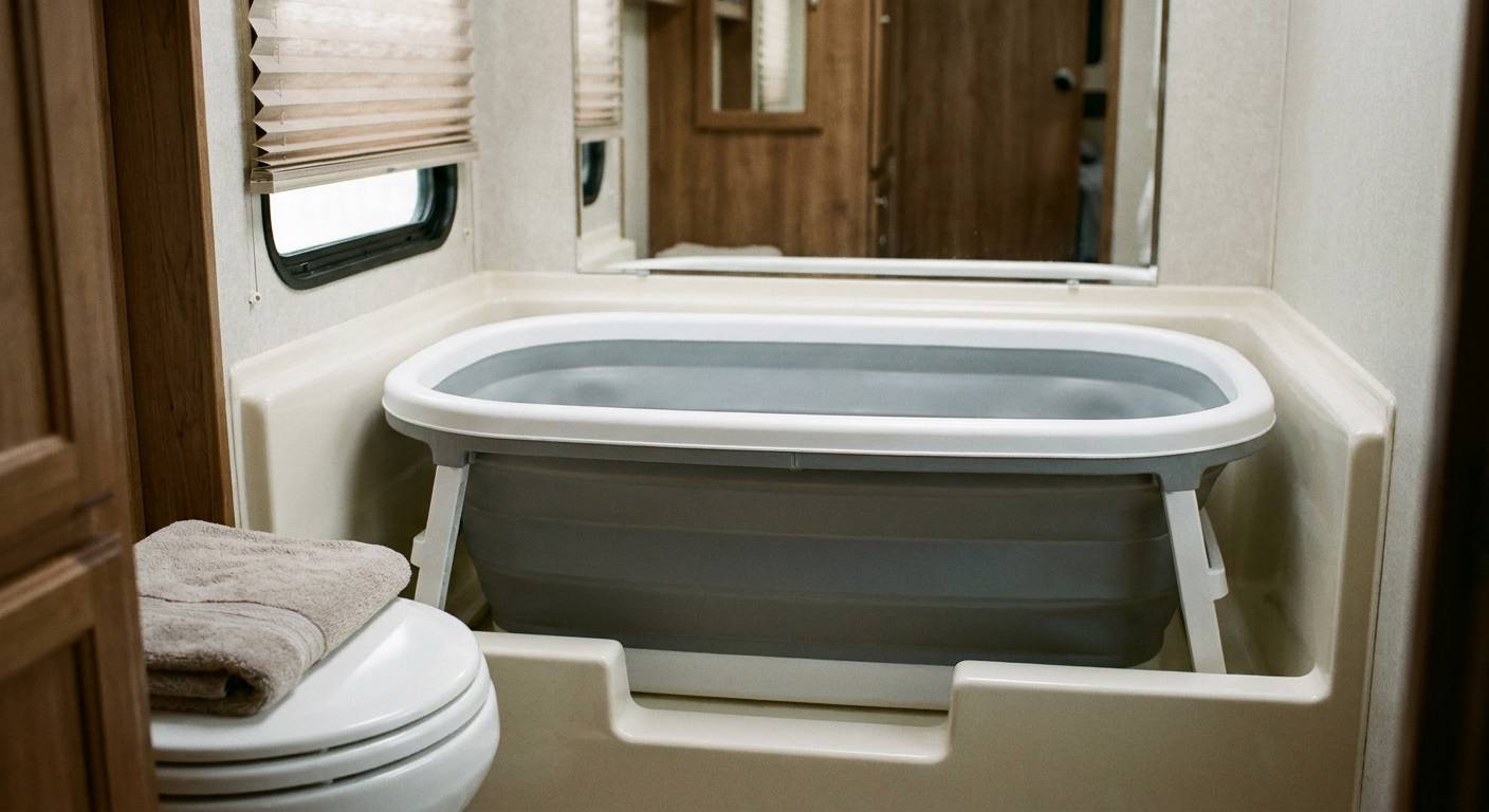 A collapsible portable bathtub with grey walls on a white frame standing in the molded shower pan of a small RV bathroom, beside the toilet with a folded towel on the lid.