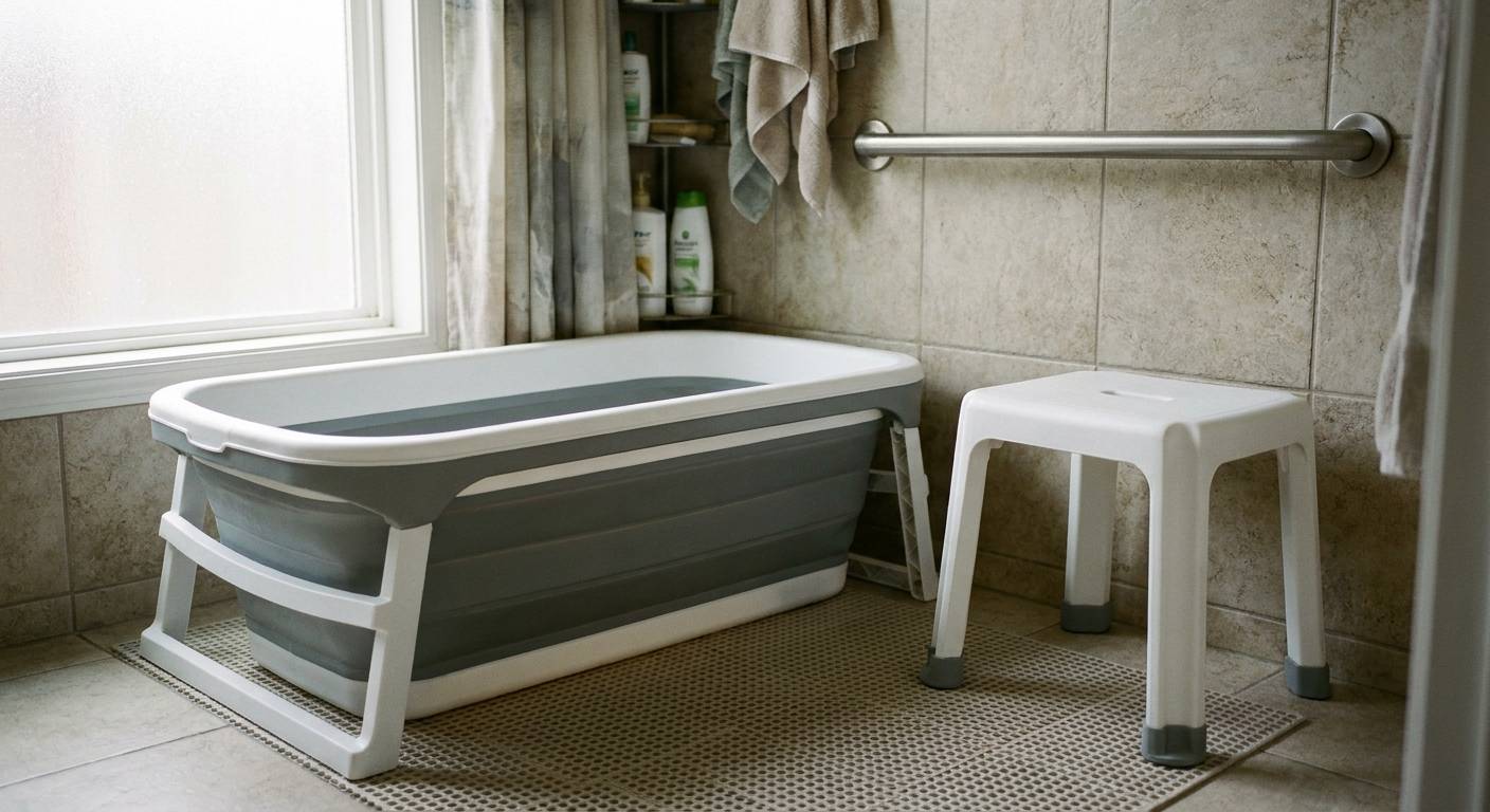 An empty collapsible bathtub standing on a non-slip mat in a walk-in shower, with a plastic shower stool beside it and a stainless steel grab bar on the tiled wall.