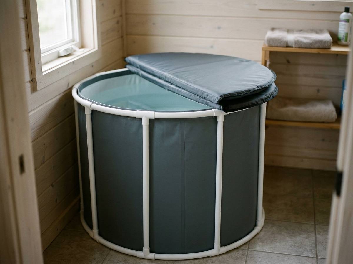 A tall round foldable soaking tub with a charcoal grey wall held by white plastic poles, filled with water and half covered by a padded lid, in the corner of a wood-panelled tiny-house bathroom.